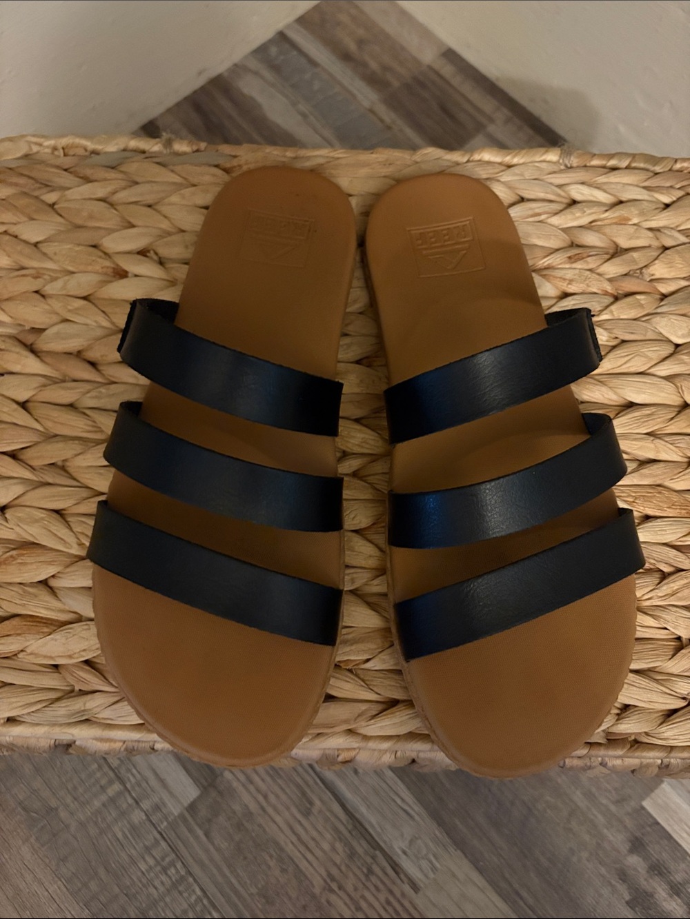 Reef Black Triple-Strap Sandals with Tan Footbed